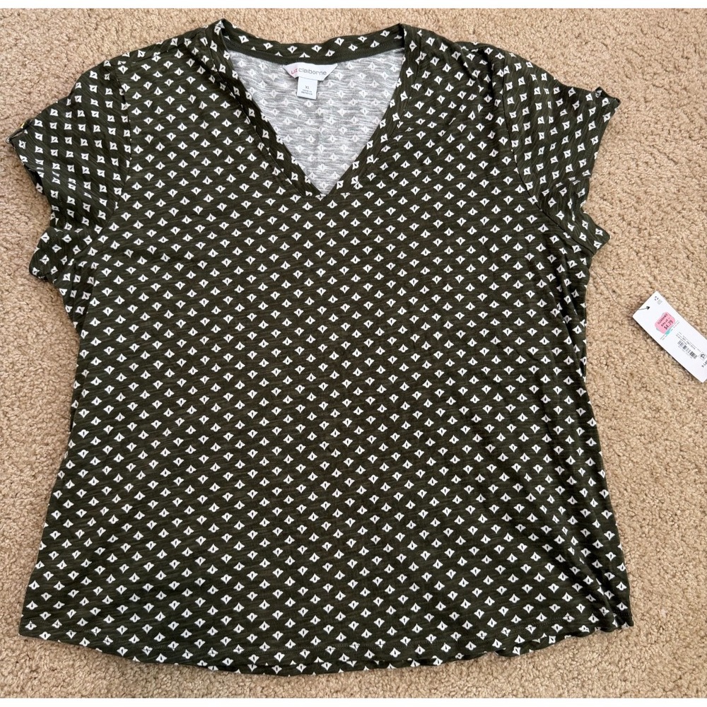 Liz Claiborne Womens Short Sleeve Printed Shirt Medallion Pattern Size XL Green